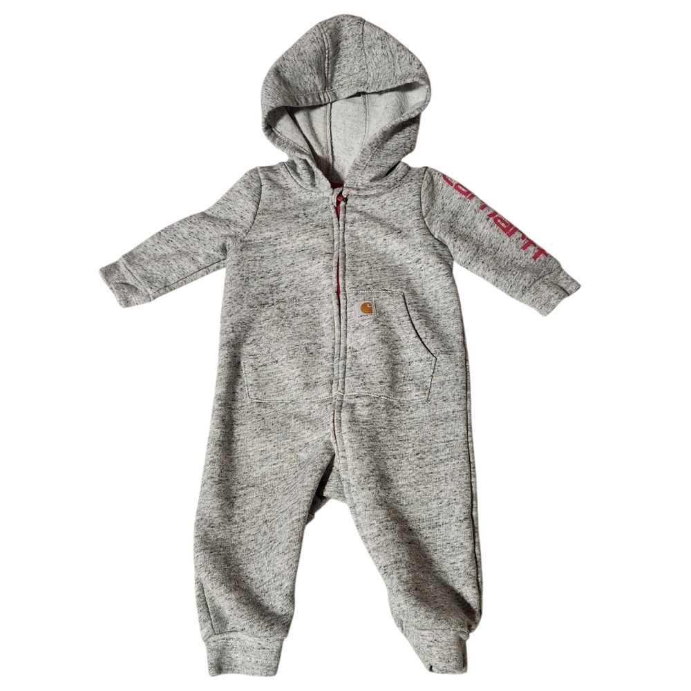 Carhartt One Piece Baby Girls 3M Gray Long Sleeve Fleece Hooded Pink Spellout